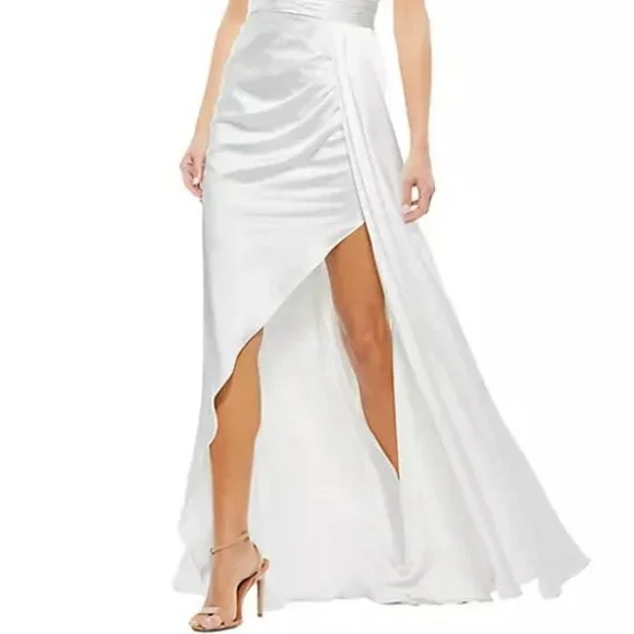 Ieena Mac Duggal White One-Shoulder Faux Wrap Satin Gown